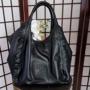 Gattinoni Large Black Leather Fringe Detail Bag